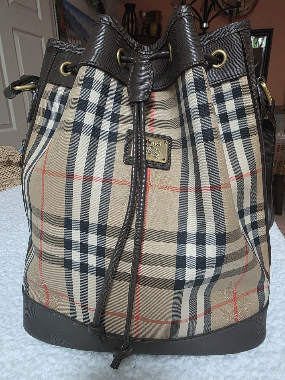 Burberry Tan Plaid Drawstring Bucket Bag with Brown Trim